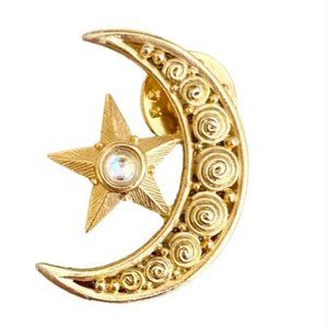 JJ Jonette Signed Vintage Gold Celestial Moon & Star Brooch Pin 1.25"